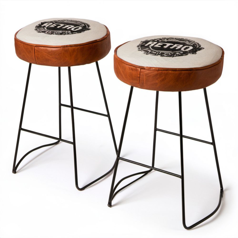 Zestaw 2 hokerów barowych retro brązowo-beżowych ze stali i PVC, Ø 36 × 76 cm
