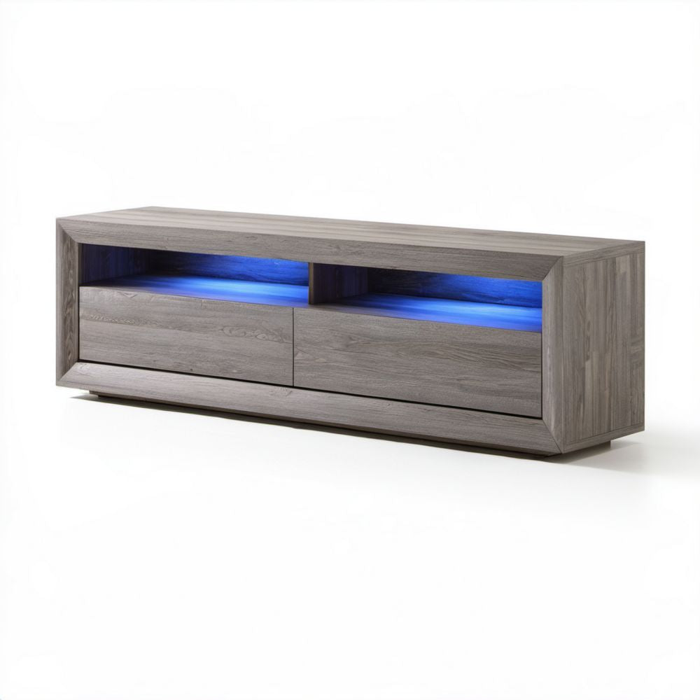 Szafka RTV z płyty wiórowej laminowanej 160 x 40 x 50 cm z niebieskim oświetleniem LED, szara