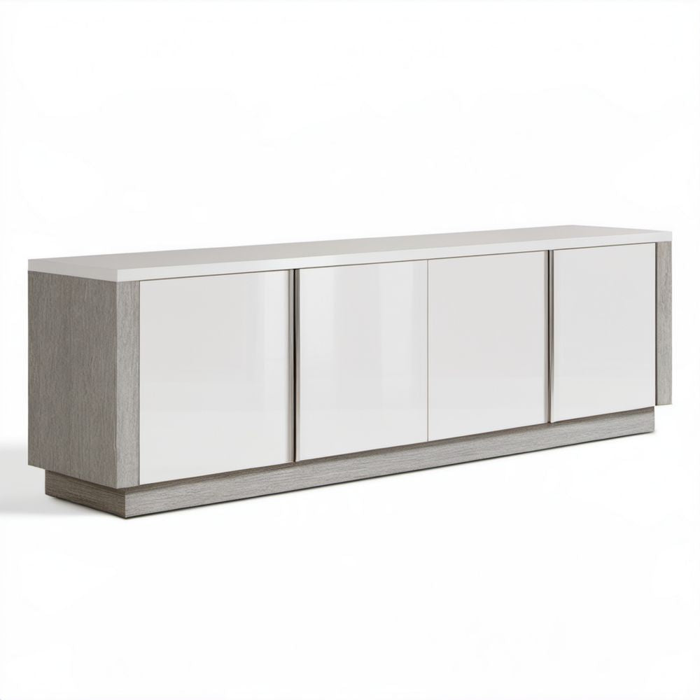 Szafka RTV z płyty MDF i płyty wiórowej, biała i szary dąb, 180 x 45 x 60 cm, 4 drzwi
