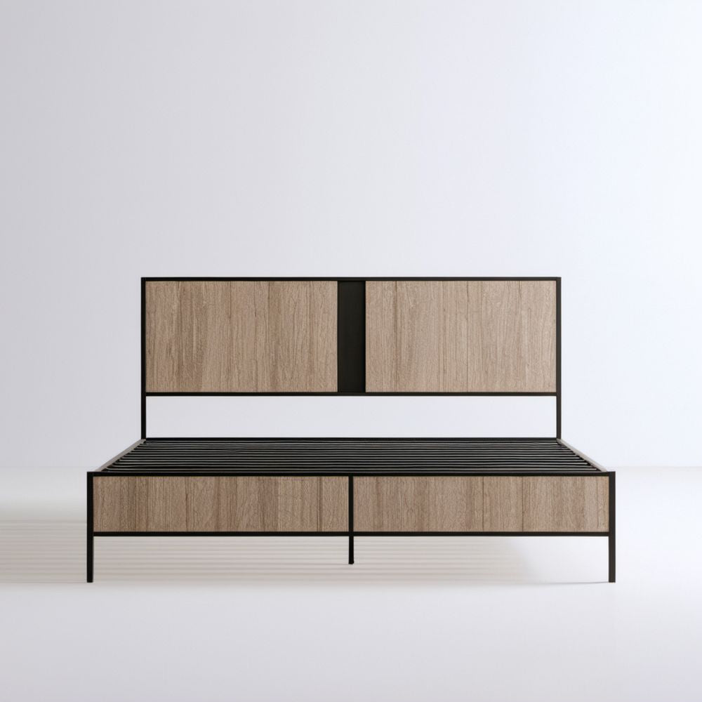 Łóżko dwuosobowe 160 x 200 cm z ramą stalową i zagłówkiem MDF w dekorze dębu