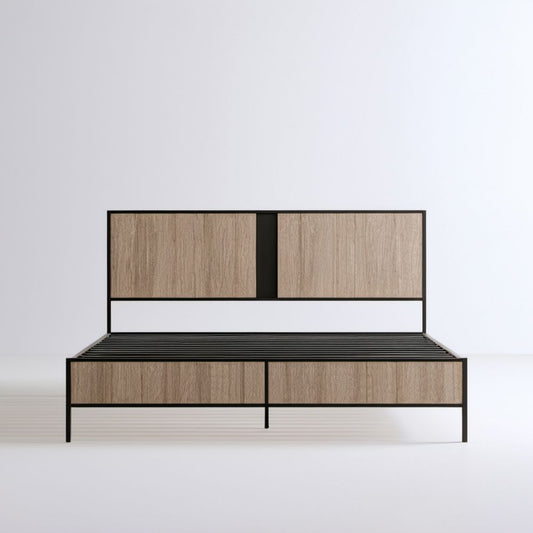Łóżko dwuosobowe 160 x 200 cm z ramą stalową i zagłówkiem MDF w dekorze dębu