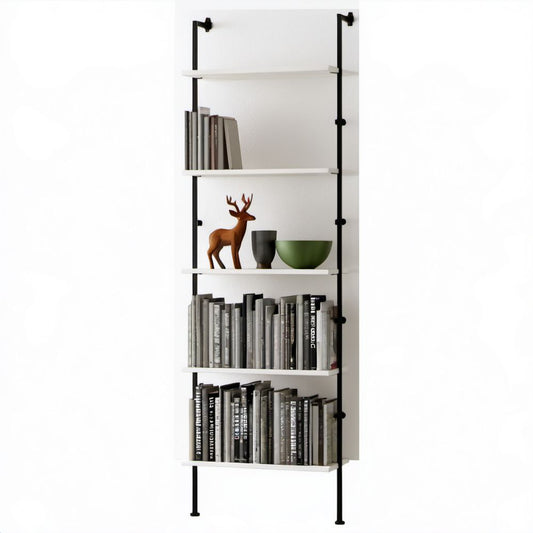 Regał teleskopowy 5-półkowy biały/czarny ze stali i płyty MDF, 60 × 25 × 200–250 cm