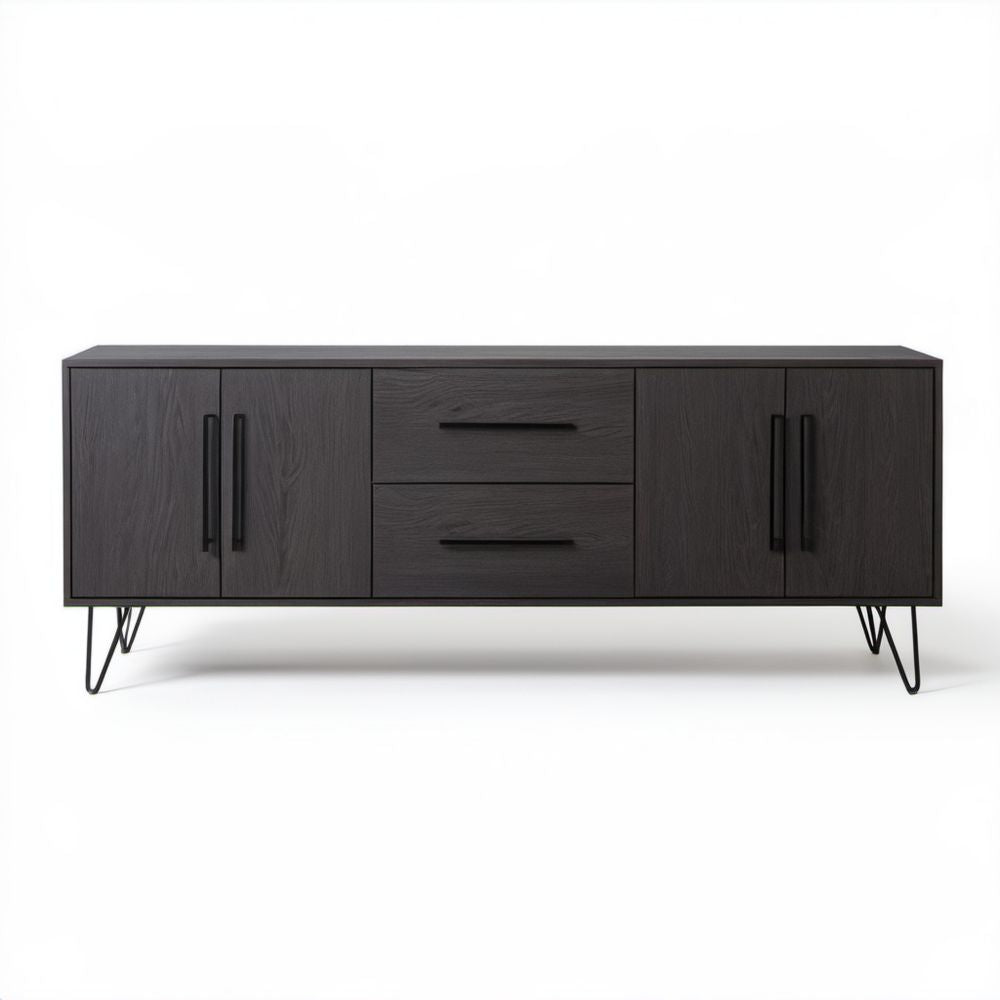 Szafka RTV z płyty MDF w kolorze ciemnego dębu, 180 × 40 × 60 cm, 4 drzwi i 2 szuflady