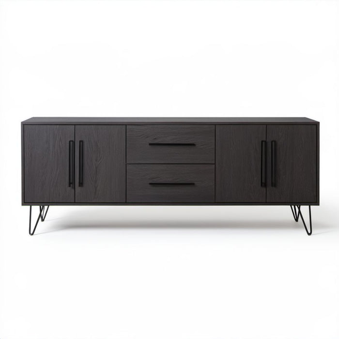 Szafka RTV z płyty MDF w kolorze ciemnego dębu, 180 × 40 × 60 cm, 4 drzwi i 2 szuflady
