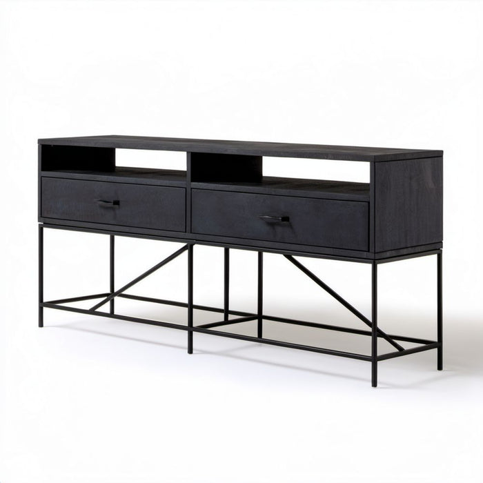 Czarna szafka RTV z płyty MDF i stali 140 × 40 × 75 cm z 2 szufladami