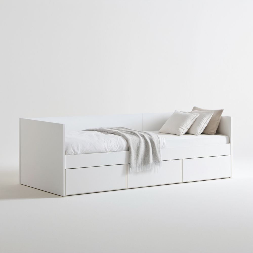 Łóżko jednoosobowe z 3 szufladami, białe, z płyty wiórowej laminowanej, 90 × 200 cm
