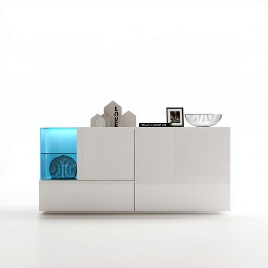 Biała komoda witryna z laminowanej płyty wiórowej z oświetleniem LED, 180 × 40 × 90 cm