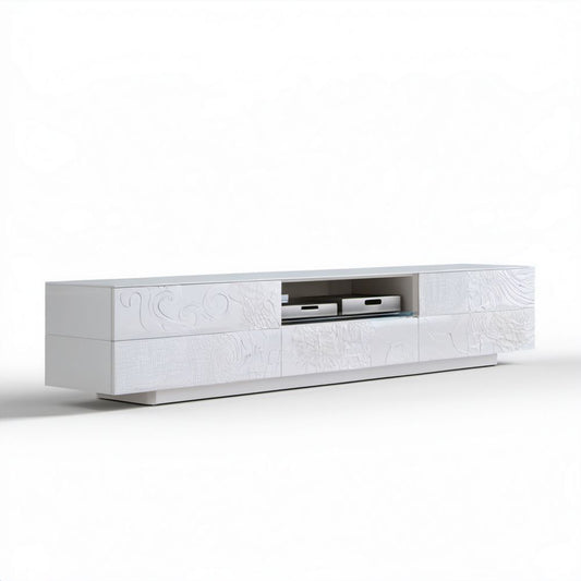 Biała szafka RTV z płyty MDF 200 x 42 x 45 cm z frezowanymi frontami