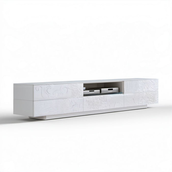 Biała szafka RTV z płyty MDF 200 x 42 x 45 cm z frezowanymi frontami