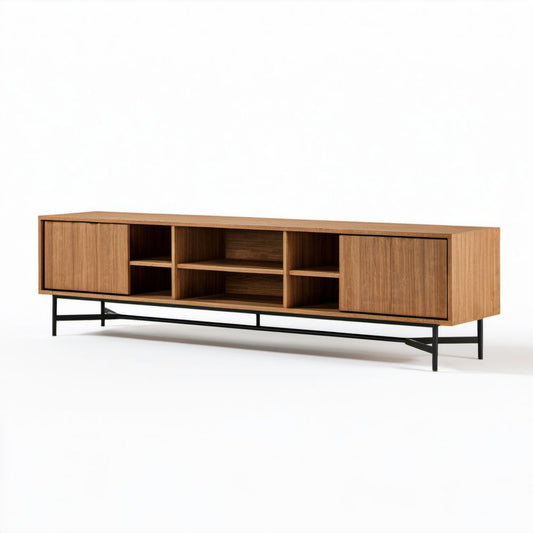 Drewniana szafka RTV orzechowa z czarnym metalowym stelażem 180 × 40 × 55 cm