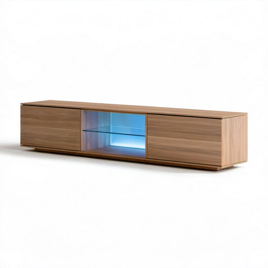 Orzechowa szafka RTV z płyty laminowanej z niebieskim oświetleniem LED, 180 x 40 x 45 cm