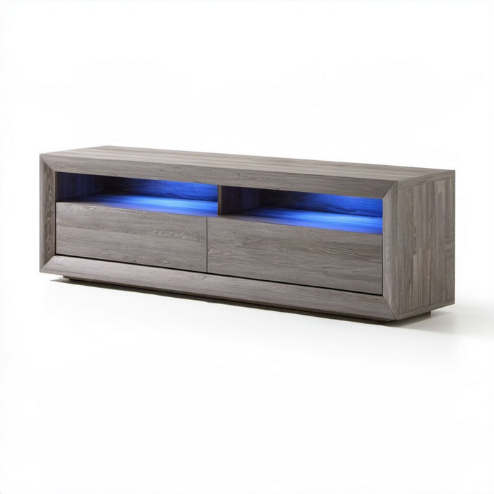 Szafka RTV z płyty wiórowej laminowanej 160 x 40 x 50 cm z niebieskim oświetleniem LED, szara