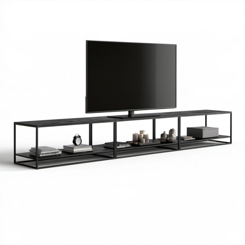Czarna szafka RTV z laminowanej płyty MDF i stali 240 x 40 x 45 cm